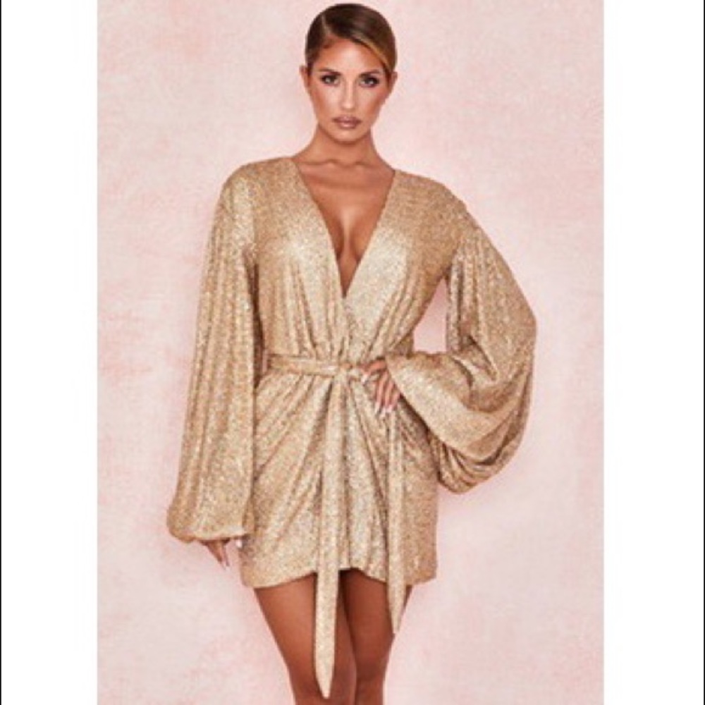 VERINA' IRIDESCENT GOLD SEQUINNED WRAP DRESS